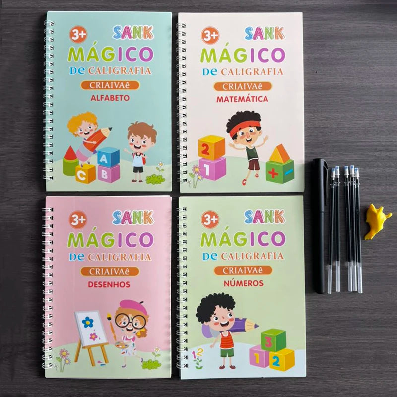 Kit 4 Cadernos Mágicos Caligrafia Infantil Reutilizável + Canetas Mágicas