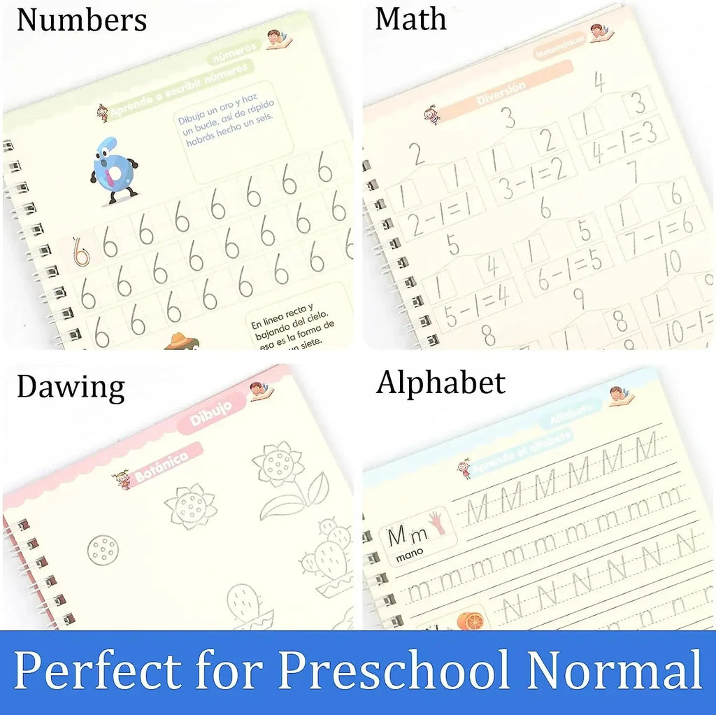 Kit 4 Cadernos Mágicos Caligrafia Infantil Reutilizável + Canetas Mágicas