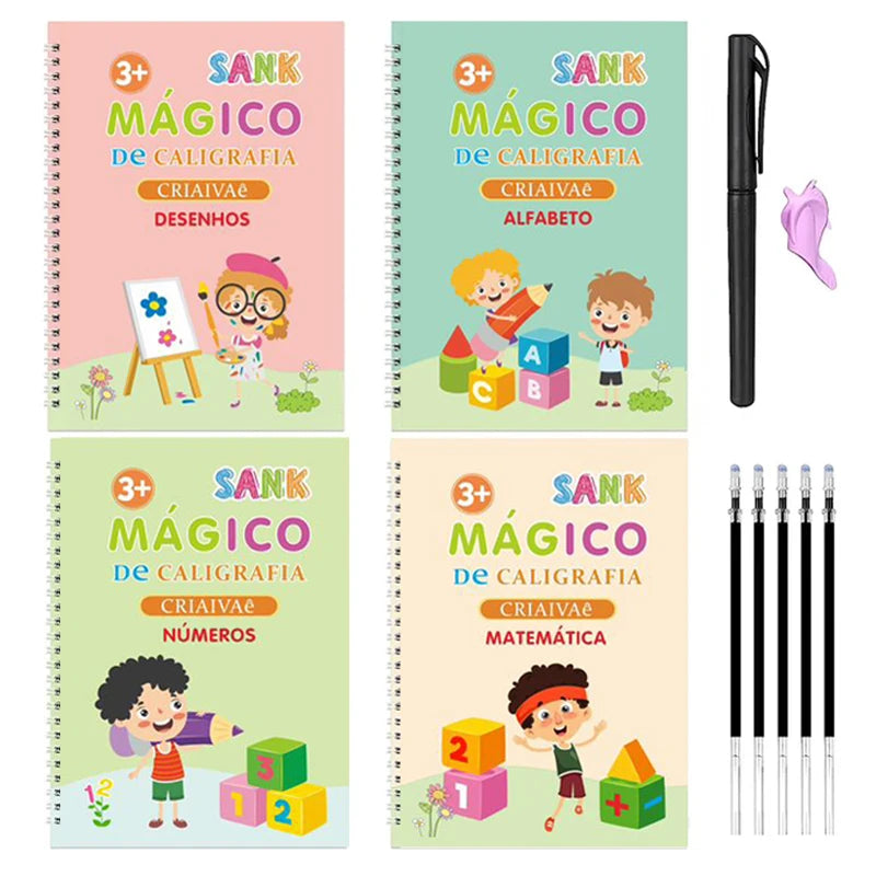 Kit 4 Cadernos Mágicos Caligrafia Infantil Reutilizável + Canetas Mágicas